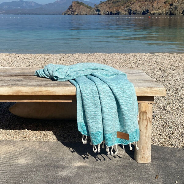 Hamamdoek Double Diamond Turquoise - Light Turquoise
