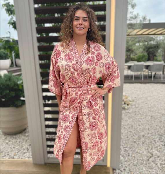 Badjas kimono long Balyy Batik Aztec Red