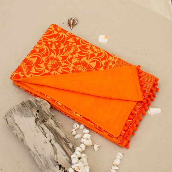 Batik Strandlaken met pompons Happy and Smile